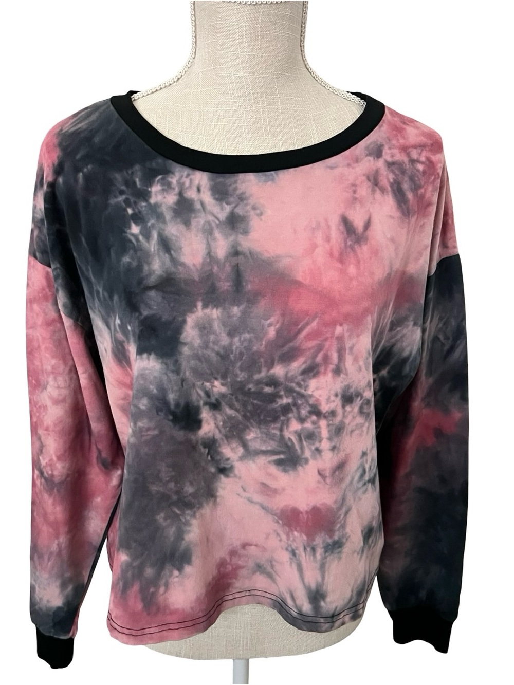 Pink Lily Pink and Black Tie-Dye Crewneck Long Sleeve Top